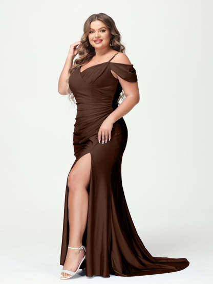 Mermaid Spaghetti Straps V Neck Short Sleeves Plus Size Maxi Dresses with Split Side
