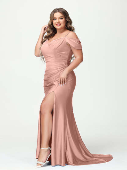 Mermaid Spaghetti Straps V Neck Short Sleeves Plus Size Maxi Dresses with Split Side