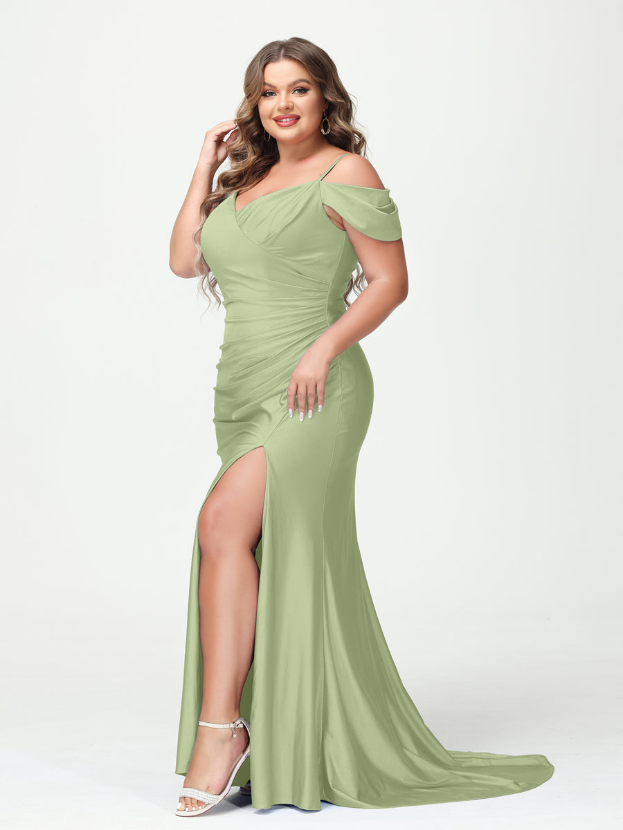 Mermaid Spaghetti Straps V Neck Short Sleeves Plus Size Maxi Dresses with Split Side