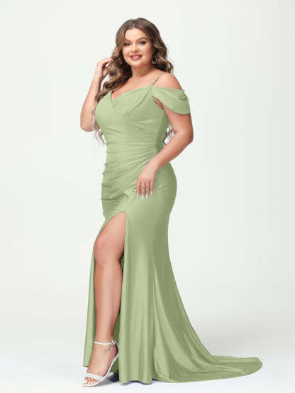 Mermaid Spaghetti Straps V Neck Short Sleeves Plus Size Maxi Dresses with Split Side