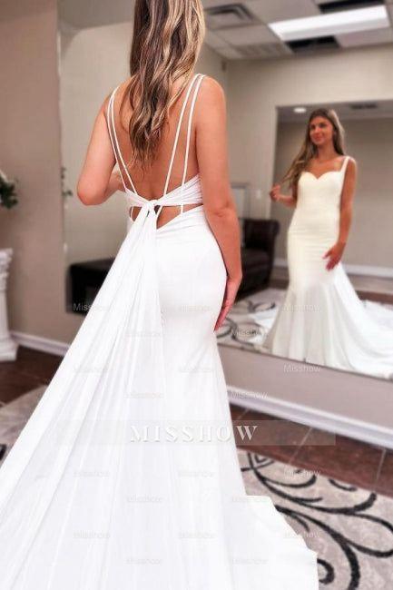 Mermaid Sweetheart Floor-Length Sleeveless Stain Wedding Dresses with Ruffles