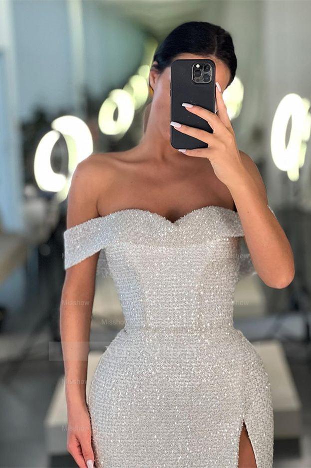 Mermaid White Off the Shoulder Sleeveless Sequins Formal Dress With Split