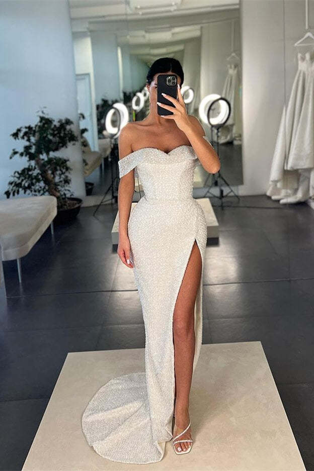 Mermaid White Off the Shoulder Sleeveless Sequins Formal Dress With Split