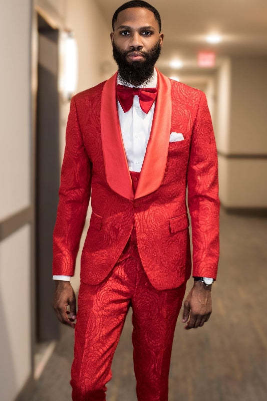 Elegant Red Jacquard Shawl Lapel Three-Piece Wedding Suit