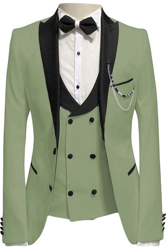 Fancy Olive Green Peaked Lapel Three-Piece Prom Suit