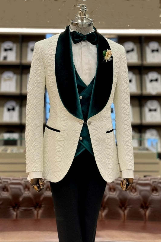 Michell Stylish White Shawl Lapel Jacquard Three-Piece Wedding Suit