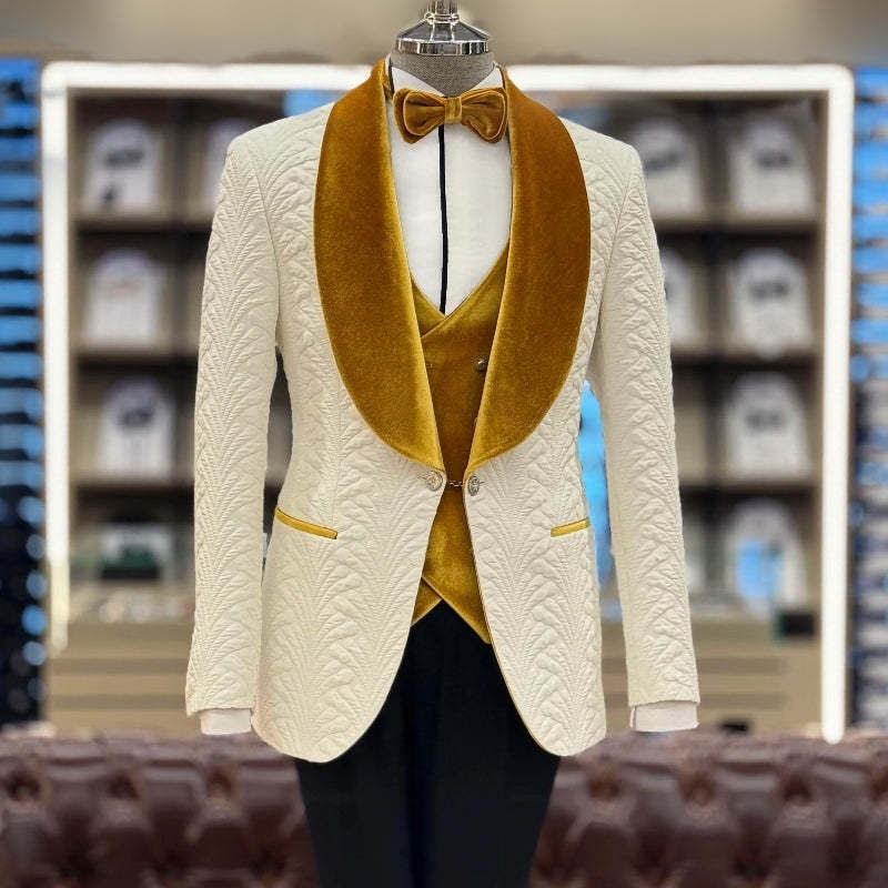 Classic White Jacquard Three-Piece Wedding Suit with Gold Velvet Lapel