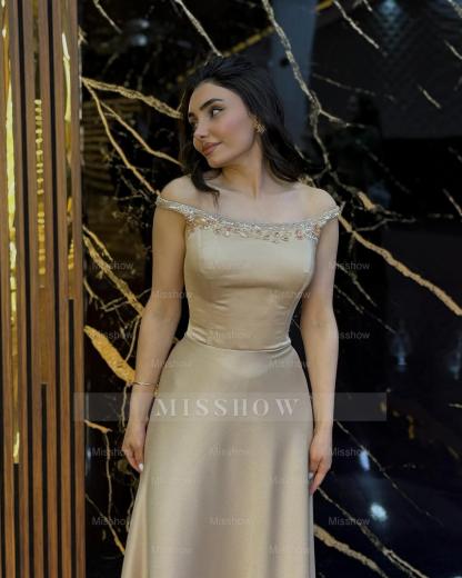 Minimalist Long A-line Off-The-Shoulder Sleeveless Formal Dress with Rhinestones