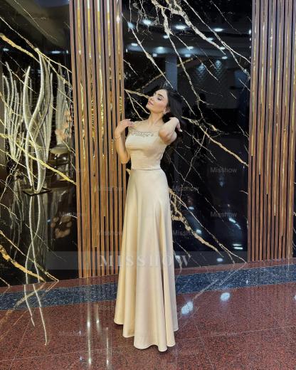 Minimalist Long A-line Off-The-Shoulder Sleeveless Formal Dress with Rhinestones