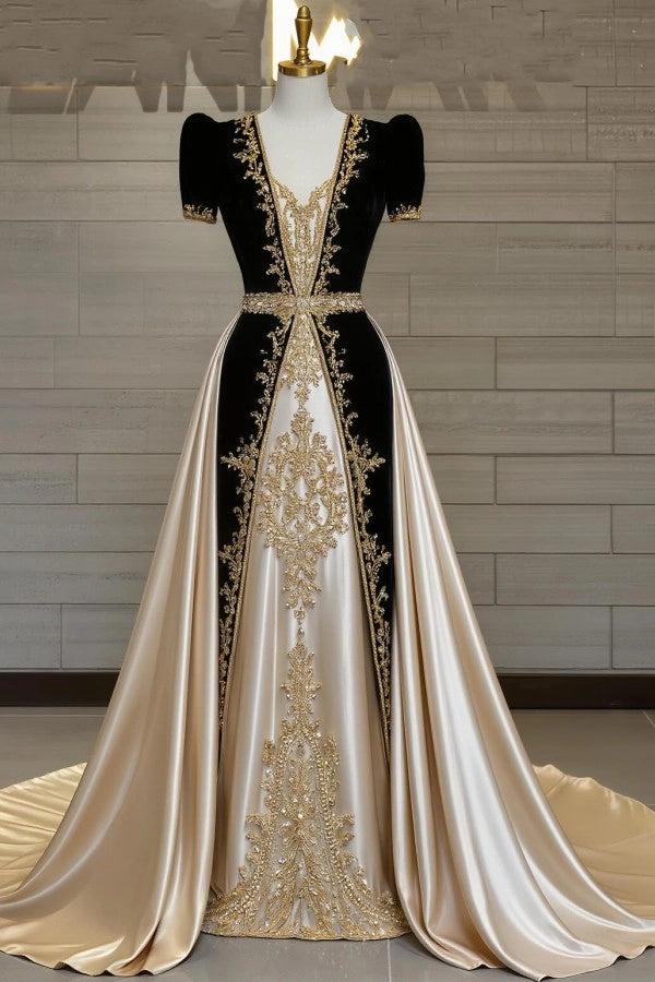 Modern Champagne and Black V-Neck Short Sleeves A-line Formal Dress with Appliques and Detachable Train