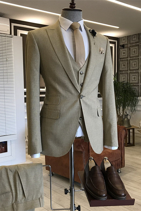Modern Light Khaki Three-Piece Peaked Lapel Business Suit