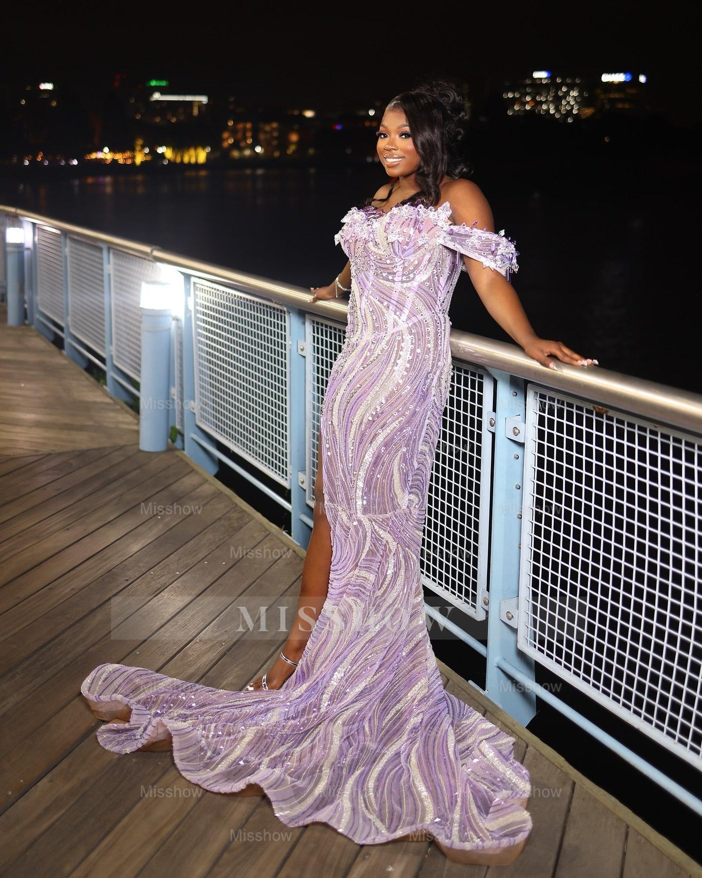 Modern Lilac Mermaid Beading Sleeveless Long Prom Dress with Slit