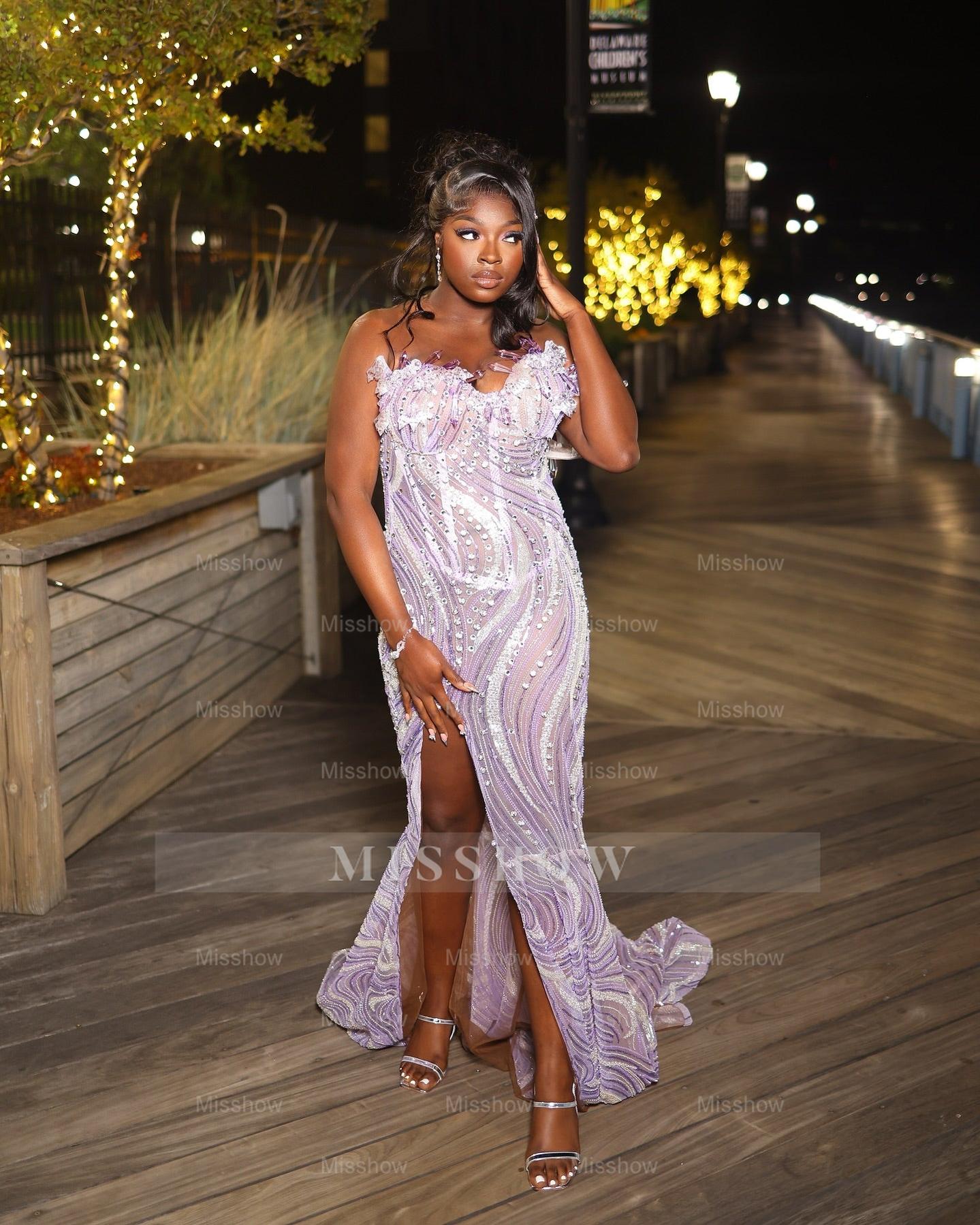 Modern Lilac Mermaid Beading Sleeveless Long Prom Dress with Slit