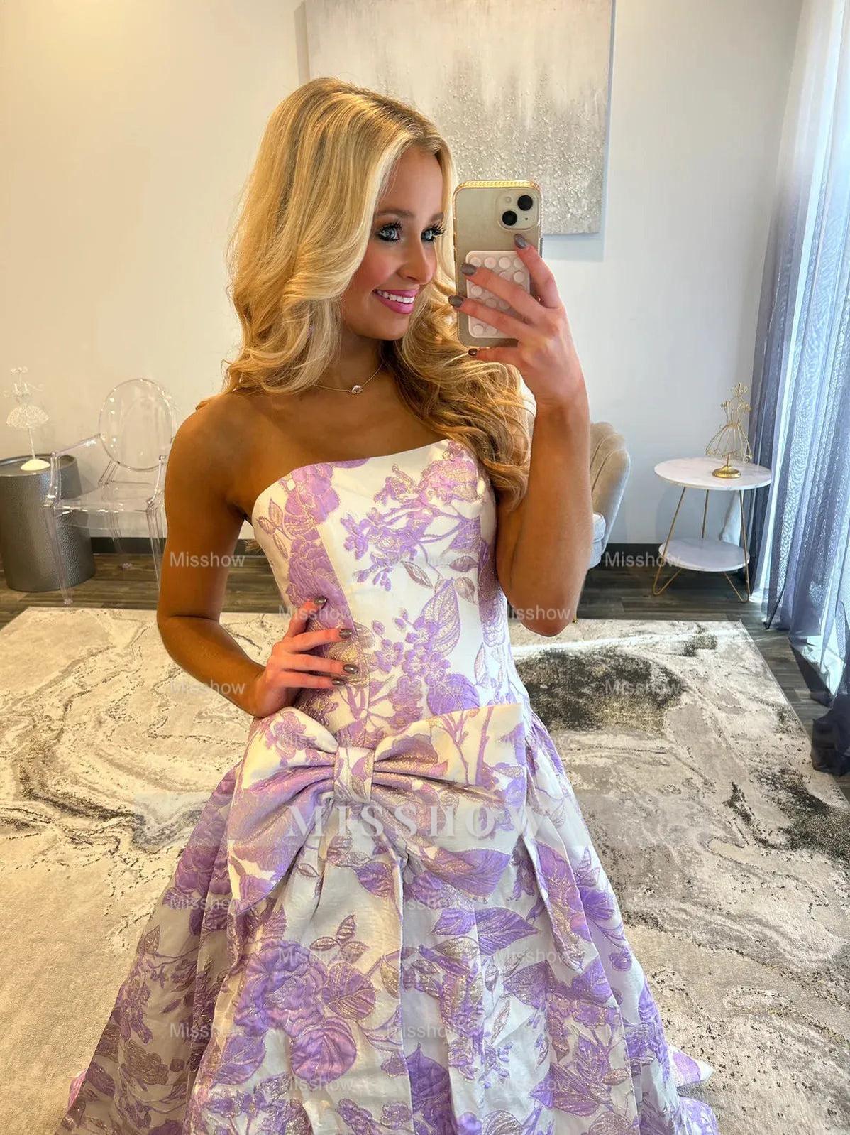 Modern Long A-line Floral Strapless Prom Dress with Bow