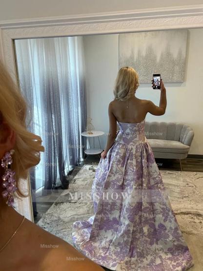 Modern Long A-line Floral Strapless Prom Dress with Bow