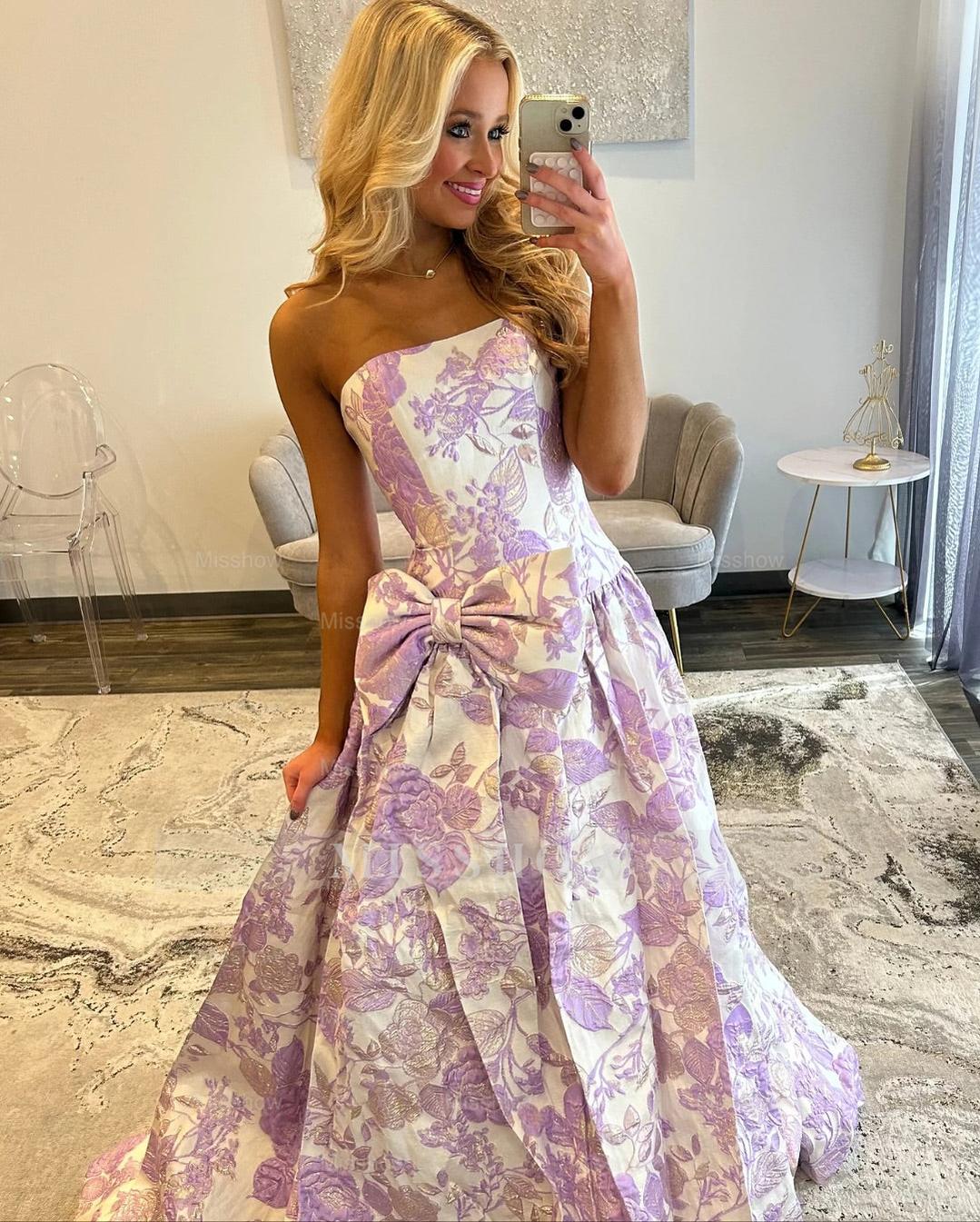 Modern Long A-line Floral Strapless Prom Dress with Bow