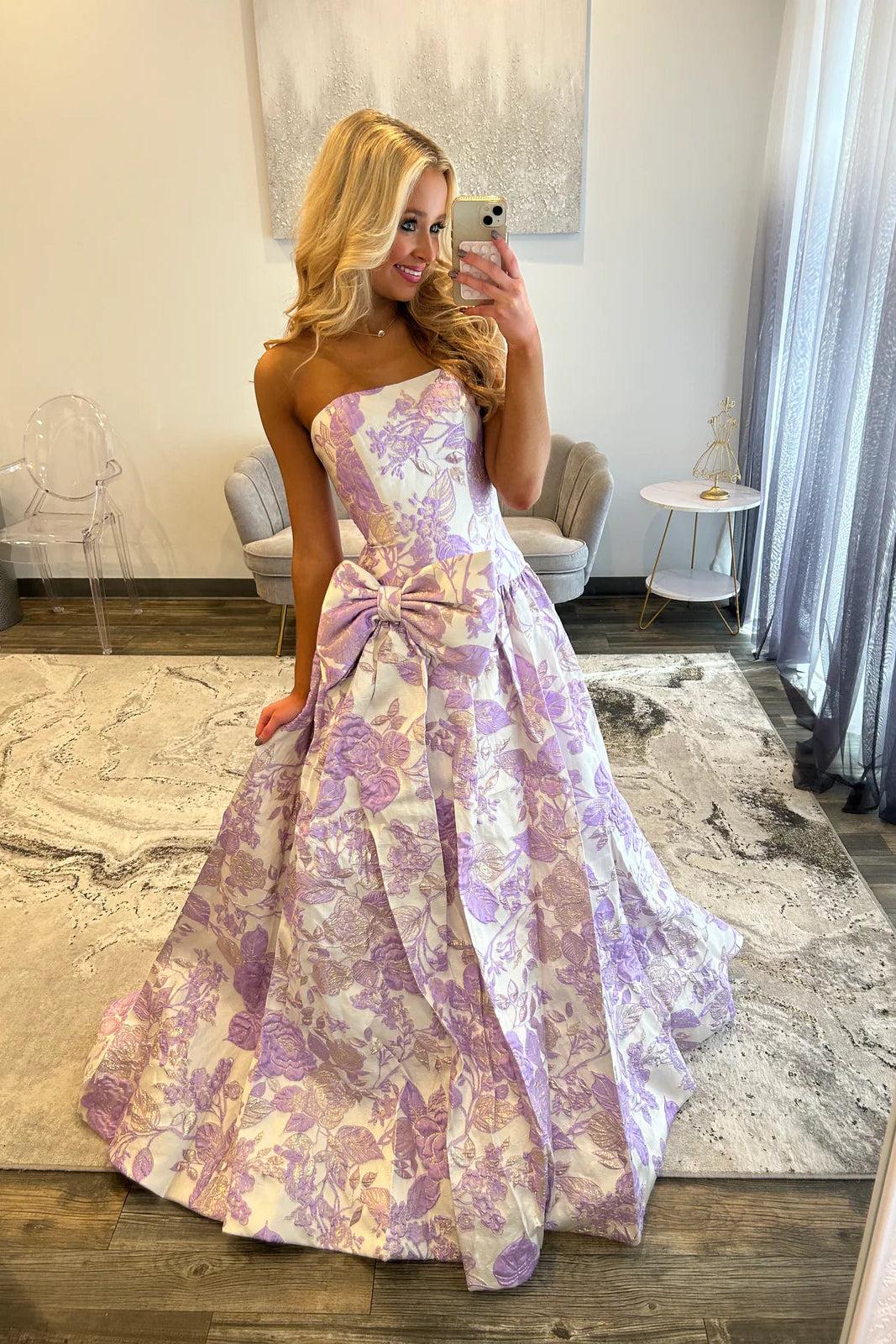 Modern Long A-line Floral Strapless Prom Dress with Bow