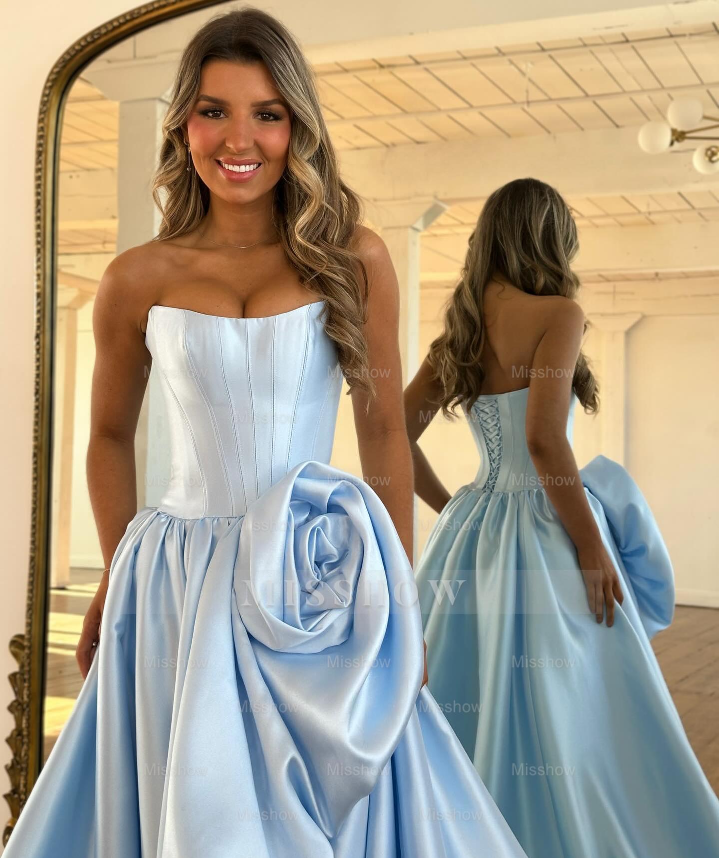 Modern Long A-line Red Strapless Prom Dress with Slit and Ruffles