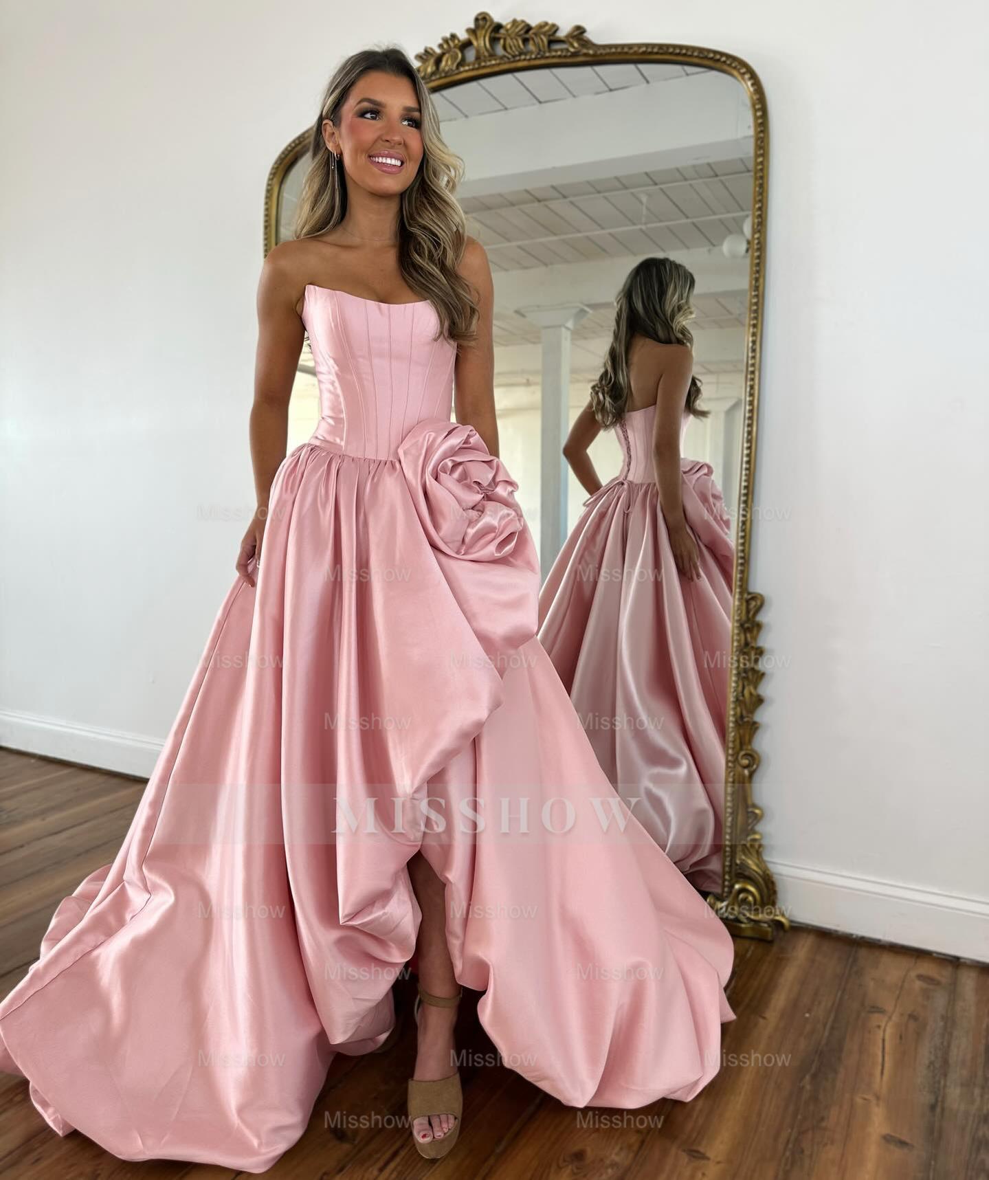 Modern Long A-line Red Strapless Prom Dress with Slit and Ruffles