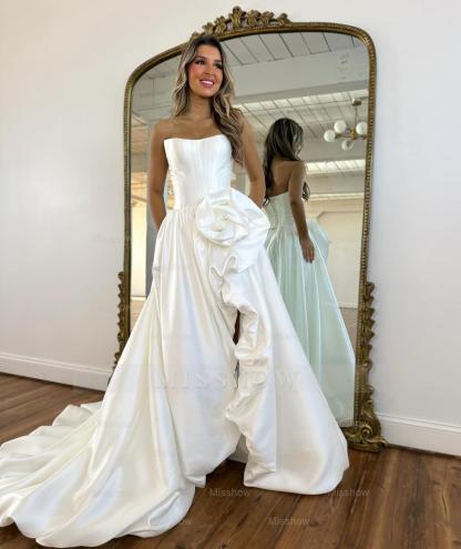 Modern Long A-line Red Strapless Prom Dress with Slit and Ruffles