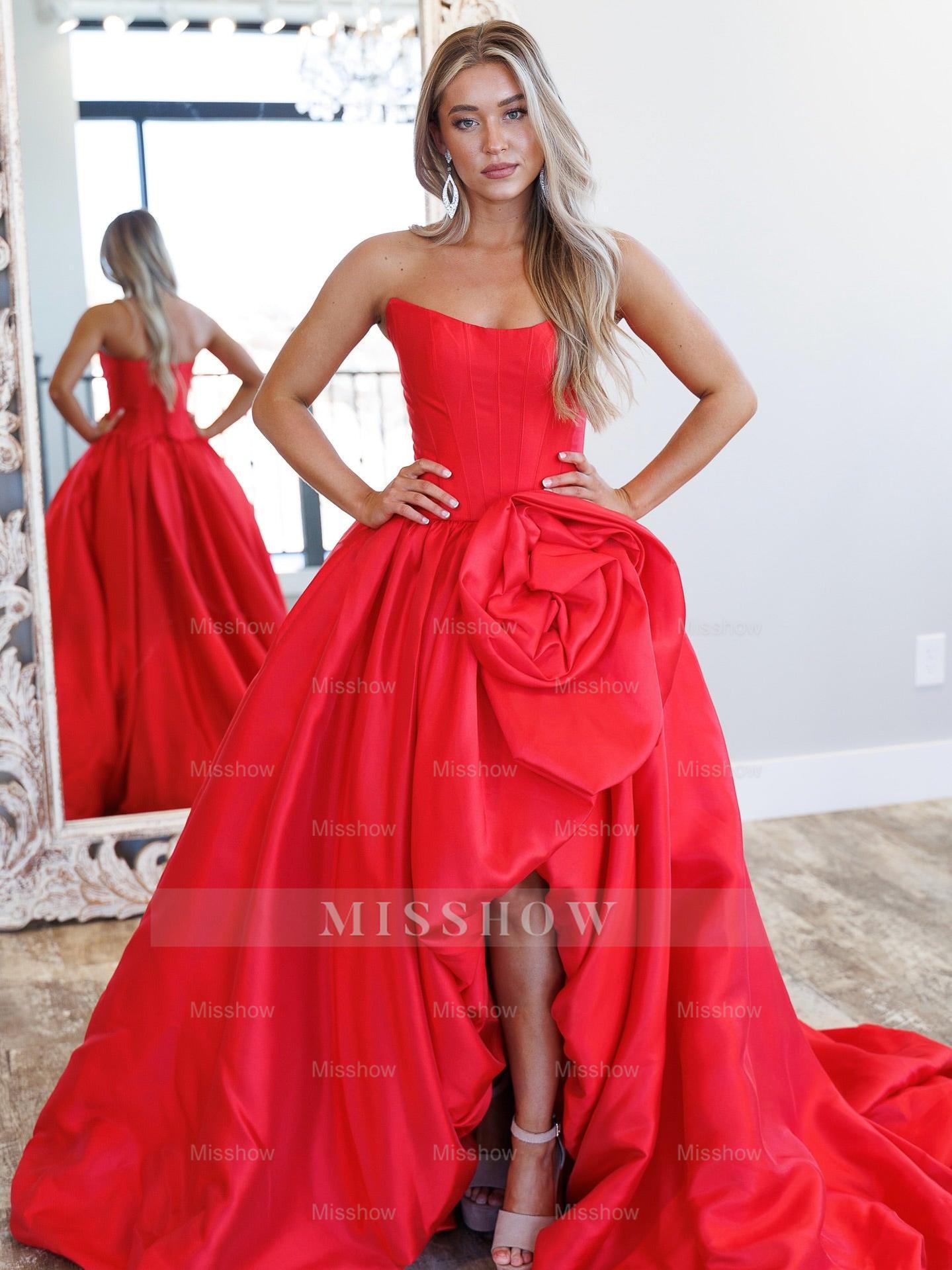 Modern Long A-line Red Strapless Prom Dress with Slit and Ruffles