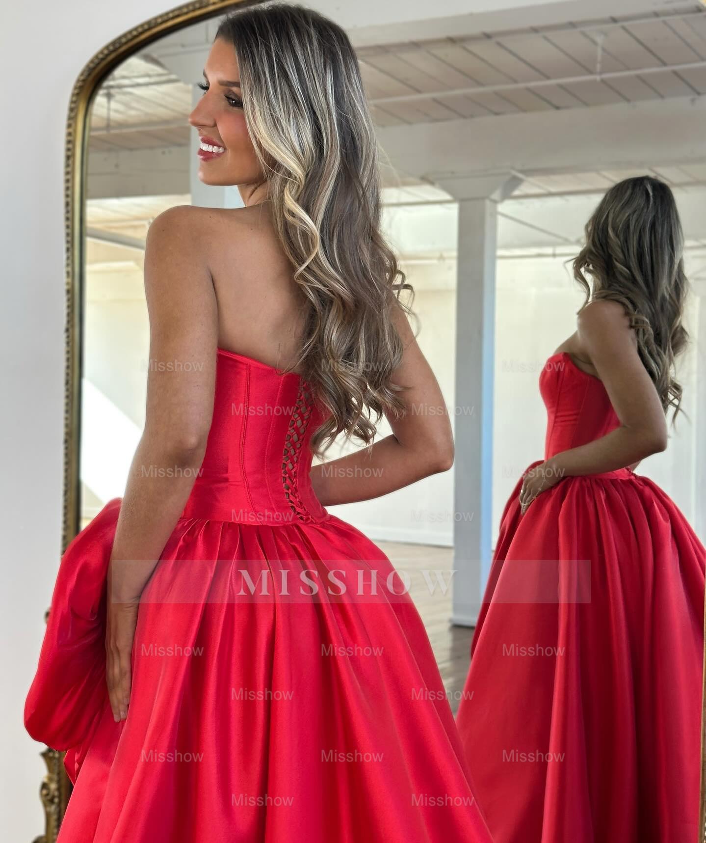 Modern Long A-line Red Strapless Prom Dress with Slit and Ruffles