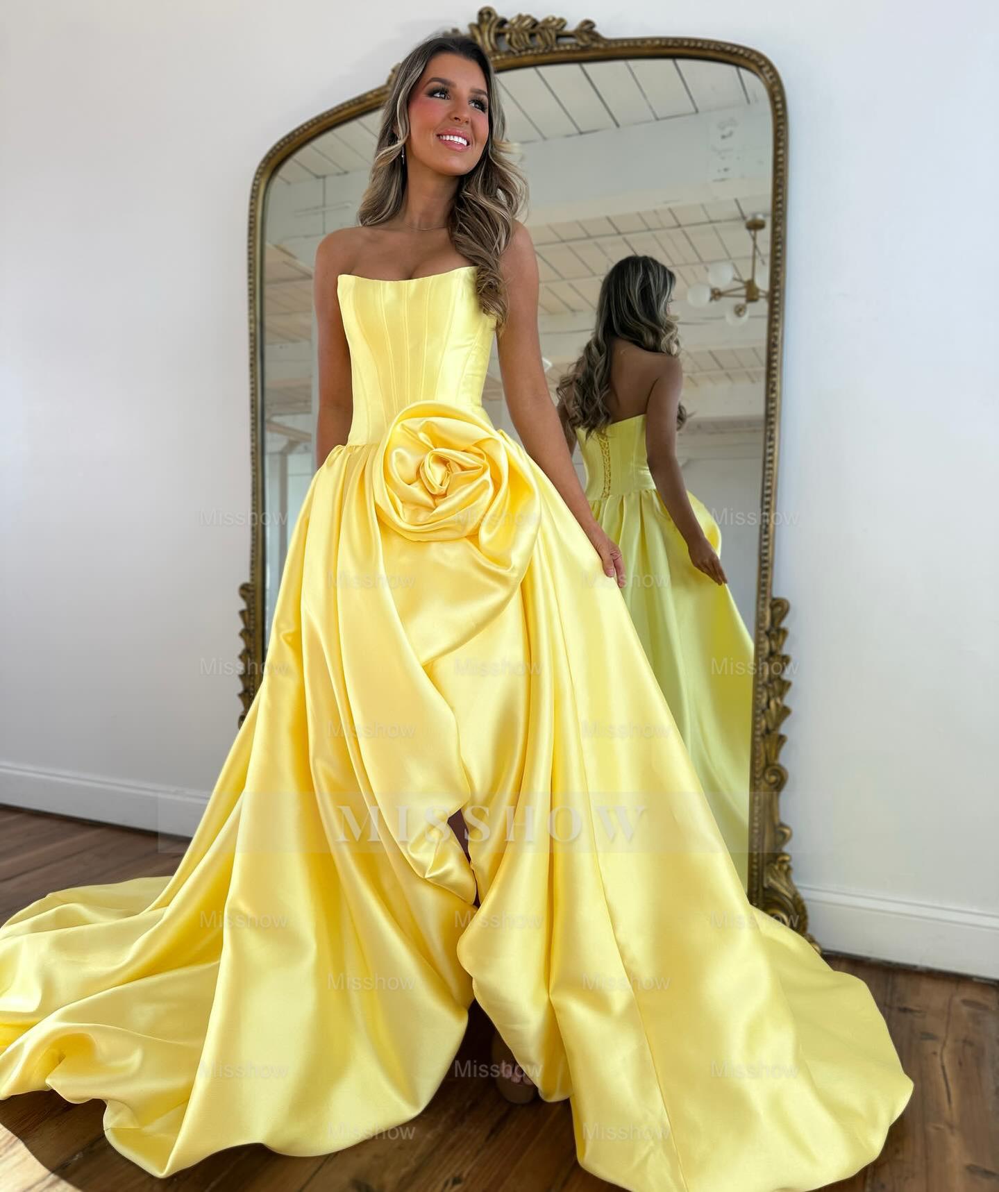 Modern Long A-line Red Strapless Prom Dress with Slit and Ruffles