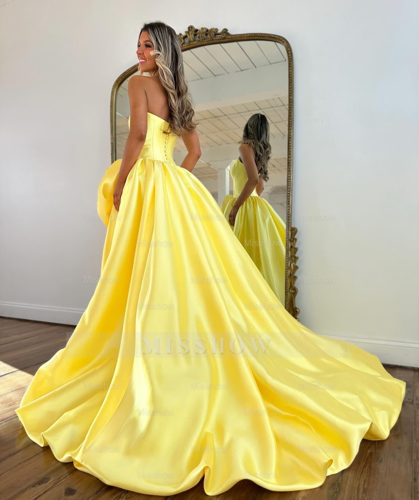 Modern Long A-line Red Strapless Prom Dress with Slit and Ruffles