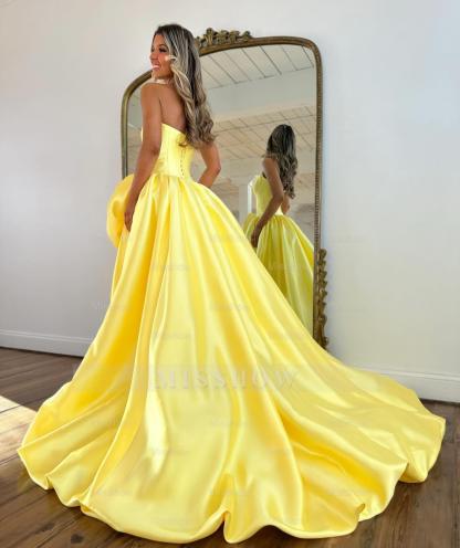 Modern Long A-line Red Strapless Prom Dress with Slit and Ruffles