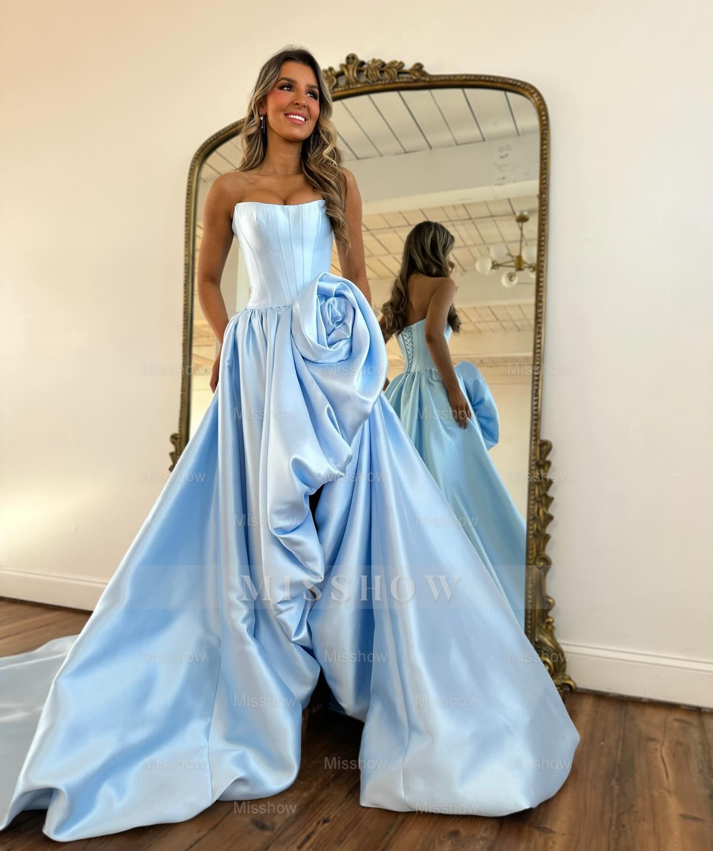 Modern Long A-line Red Strapless Prom Dress with Slit and Ruffles