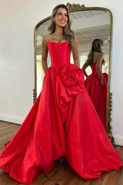 Modern Long A-line Red Strapless Prom Dress with Slit and Ruffles