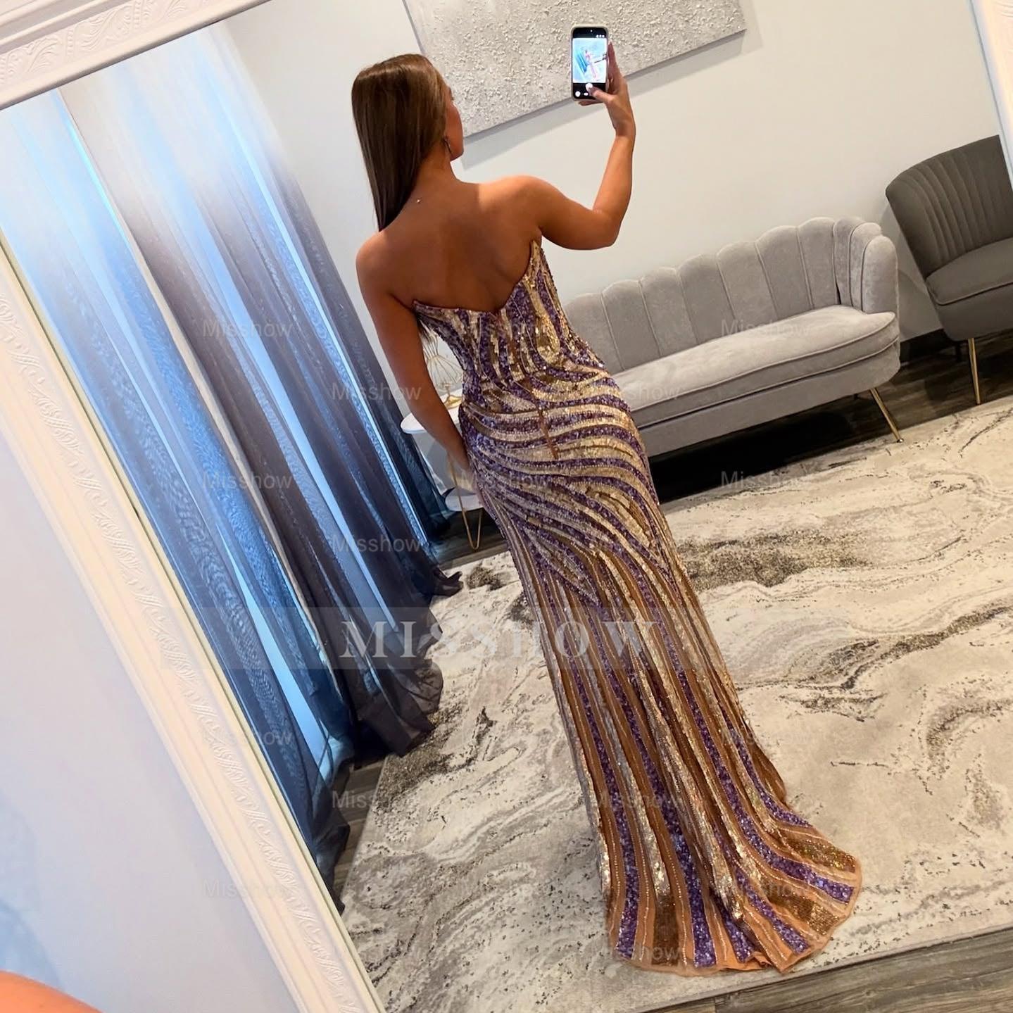 Modern Long Mermaid V-neck Strapless Sequined Prom Dress with Slit