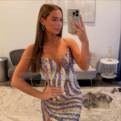 Modern Long Mermaid V-neck Strapless Sequined Prom Dress with Slit