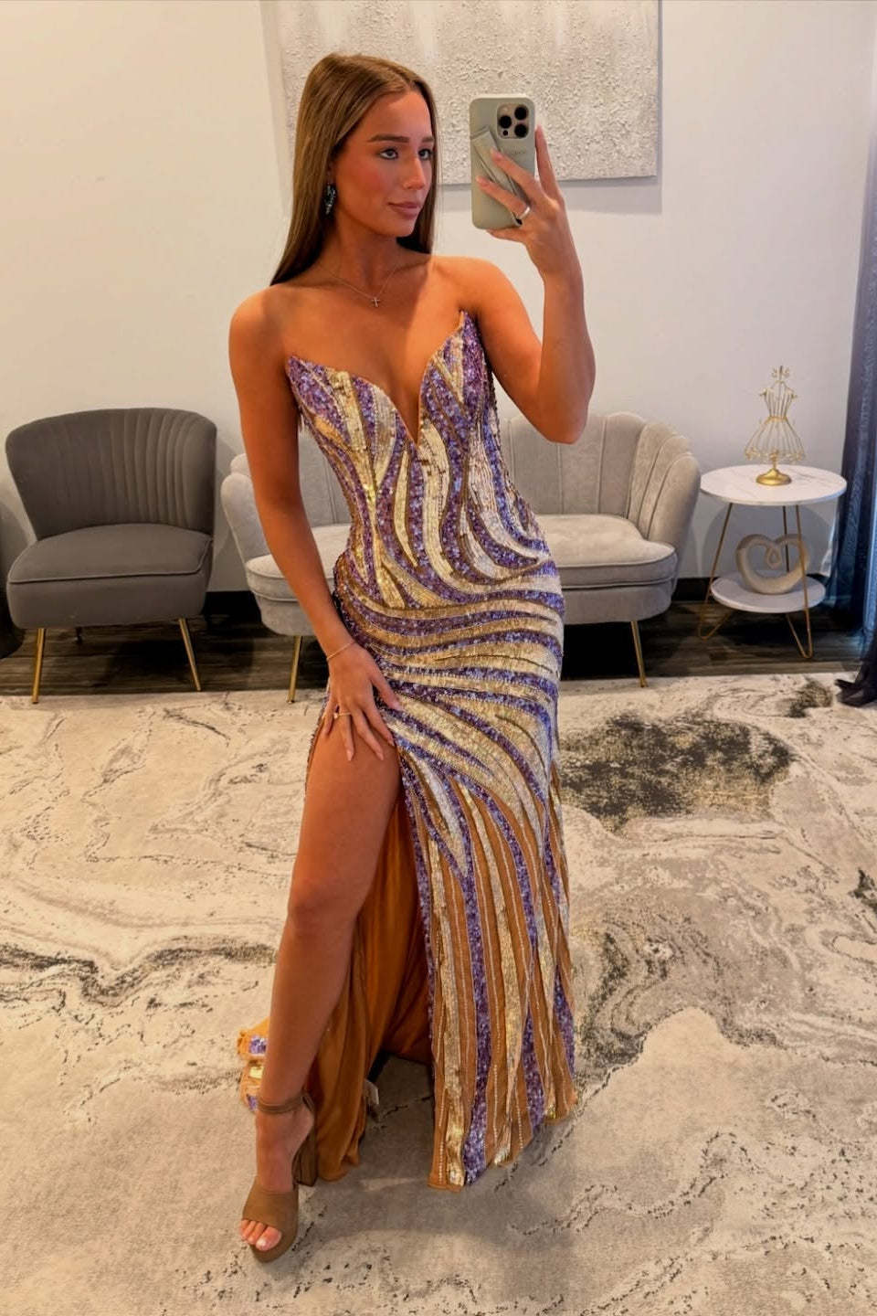 Modern Long Mermaid V-neck Strapless Sequined Prom Dress with Slit