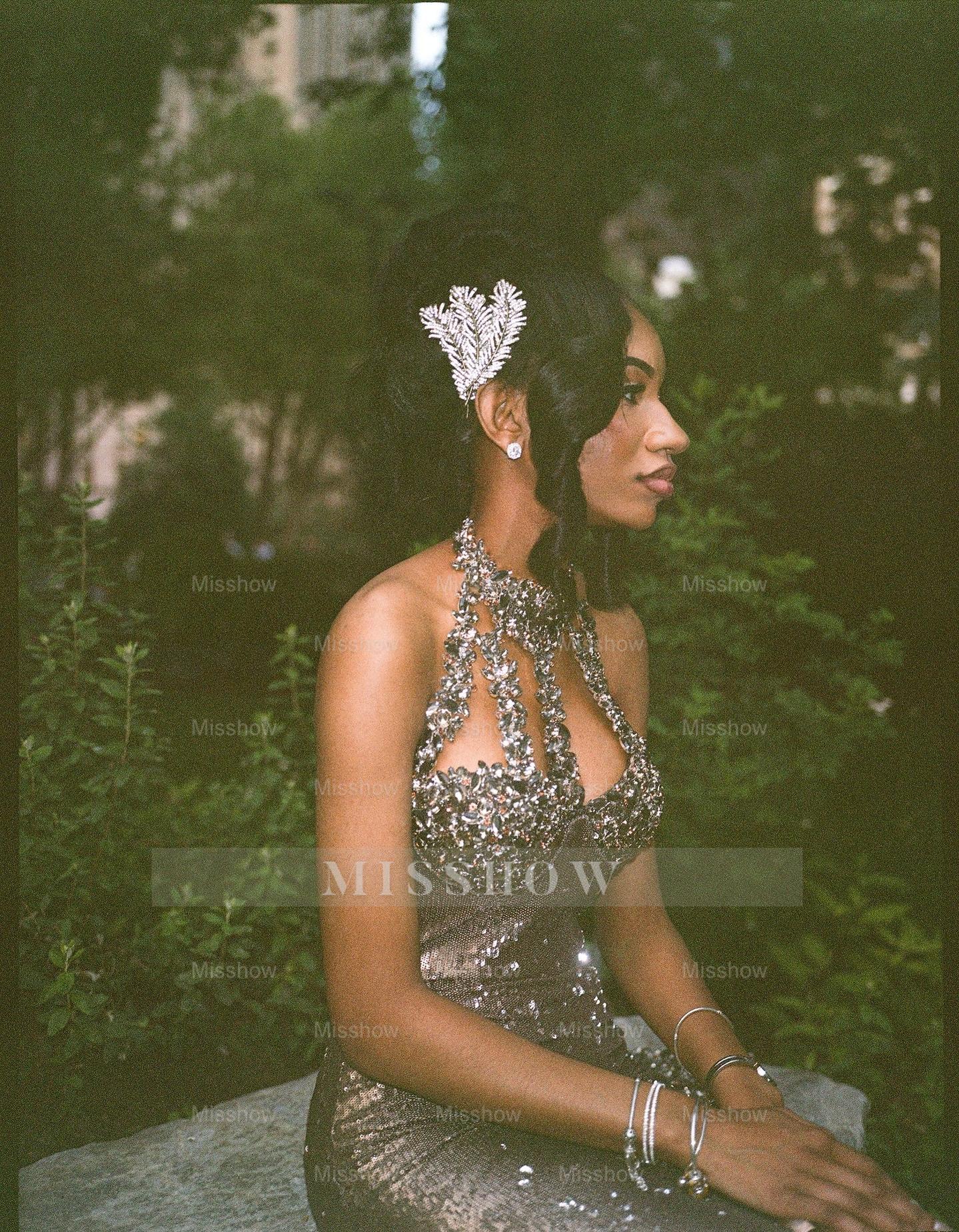 Modern Long Steel Grey High Neck Sleeveless Mermaid Prom Dress with Rhinestones