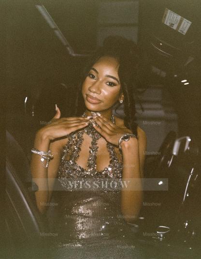 Modern Long Steel Grey High Neck Sleeveless Mermaid Prom Dress with Rhinestones