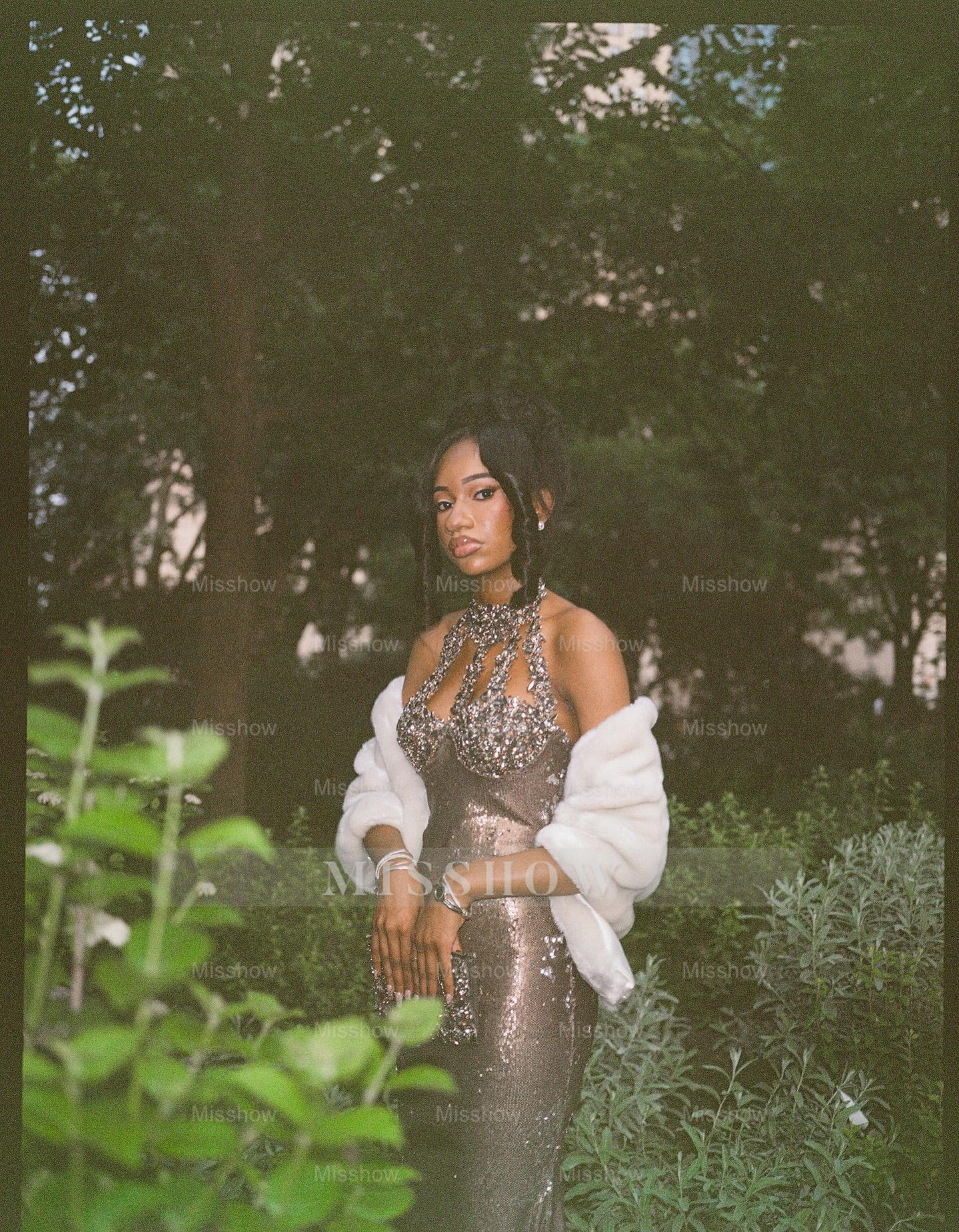 Modern Long Steel Grey High Neck Sleeveless Mermaid Prom Dress with Rhinestones