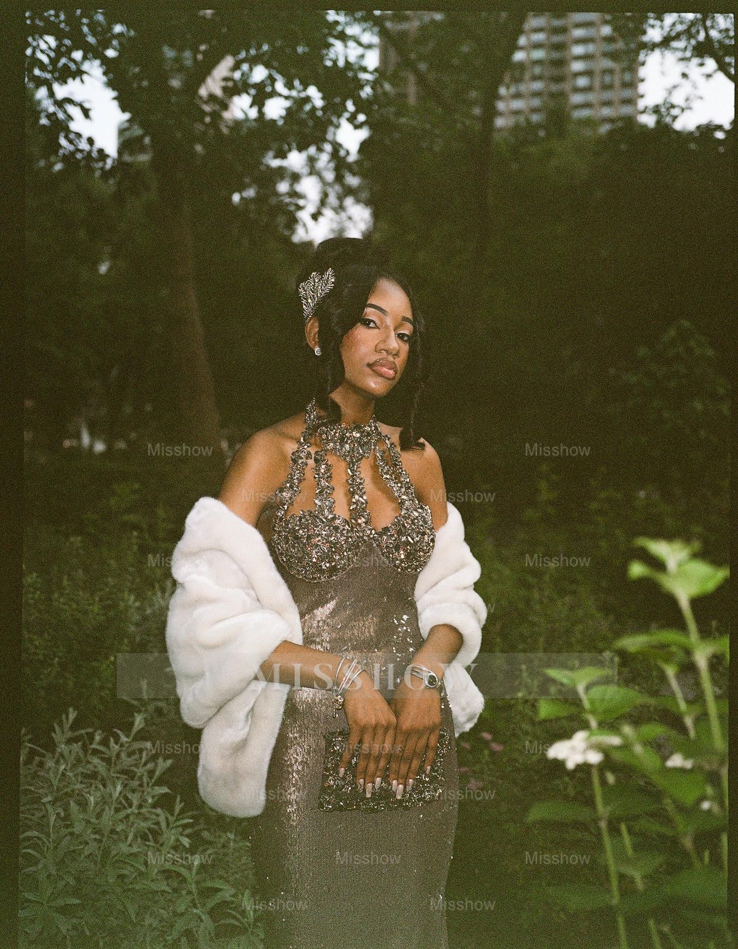 Modern Long Steel Grey High Neck Sleeveless Mermaid Prom Dress with Rhinestones