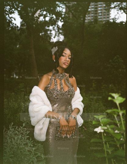 Modern Long Steel Grey High Neck Sleeveless Mermaid Prom Dress with Rhinestones