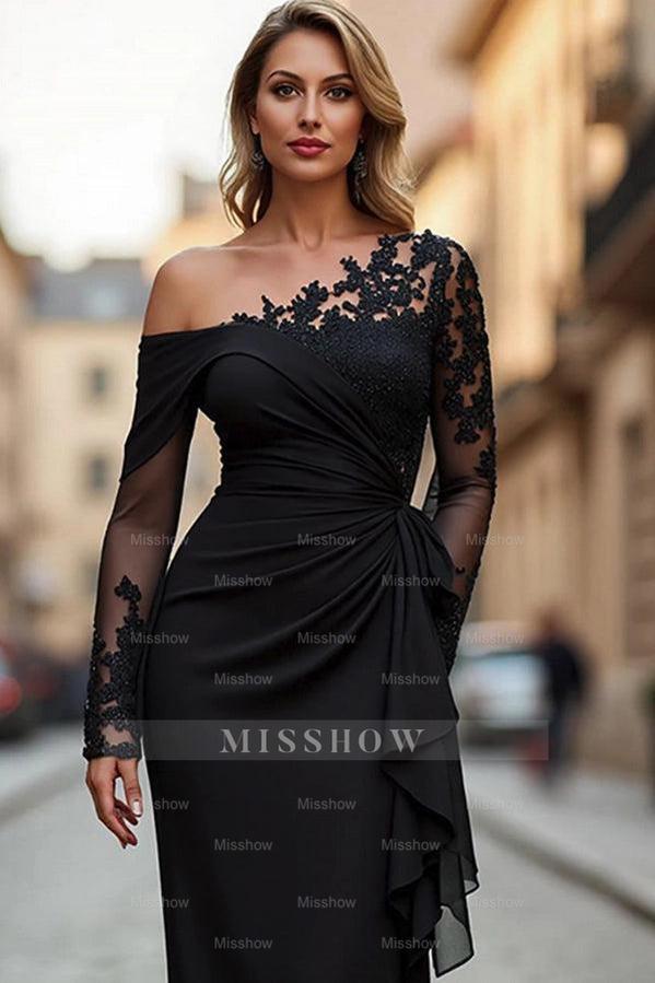 Modest Black One Shoulder Long-Sleeve Mermaid Formal Dress with Appliques