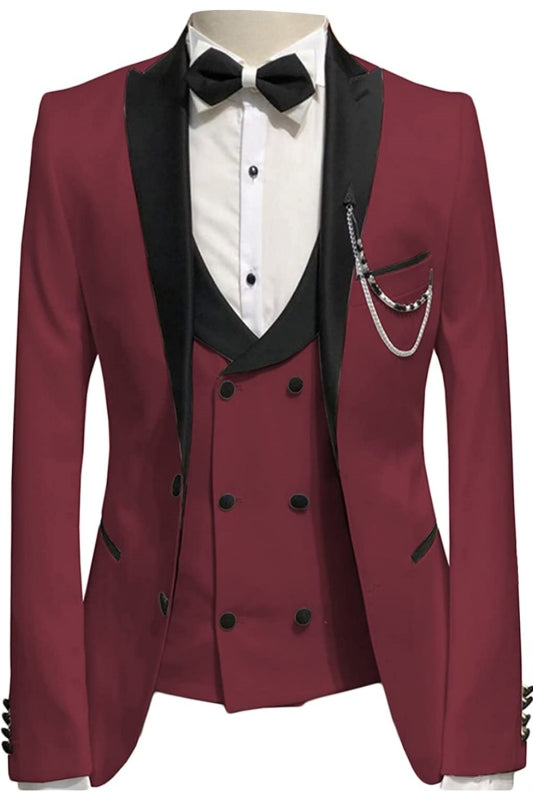 Classic Burgundy Peaked Lapel Three-Piece Prom Suit