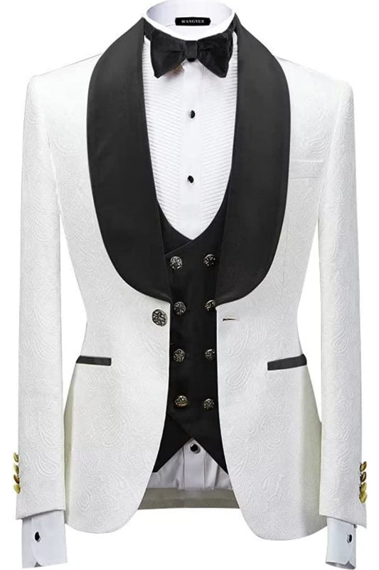 Formal Black Shawl Collar Three-Piece Jacquard Groom's Suit