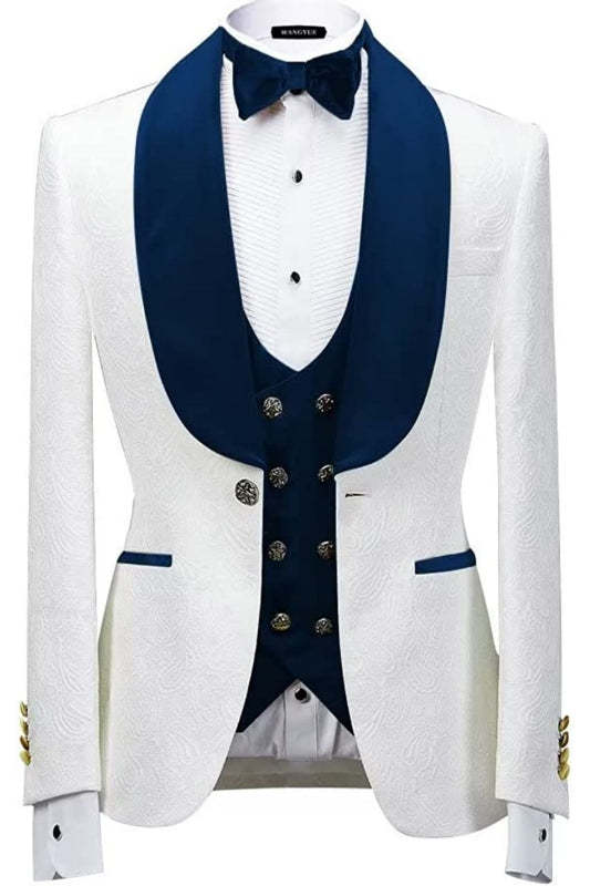 Elegant White Shawl Lapel Three-Piece Jacquard Suit for Weddings