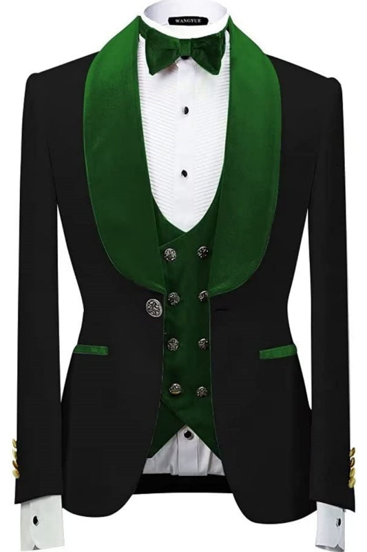 Green Shawl Collar Three-Piece Velvet Groom's Suit