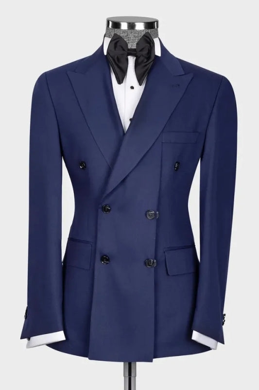 Navy Blue Peaked Lapel Double-Breasted Form-Fitting Prom Suit