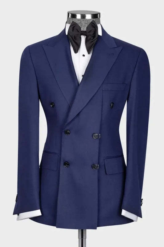 Navy Blue Peaked Lapel Double-Breasted Form-Fitting Prom Suit