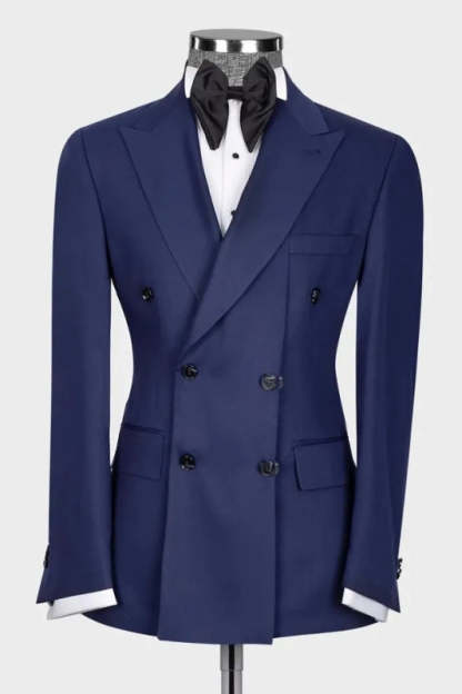 Navy Blue Peaked Lapel Double-Breasted Form-Fitting Prom Suit