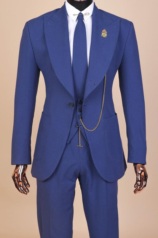 Navy Blue Peaked Lapel Three-Piece Elegant Prom Ensemble
