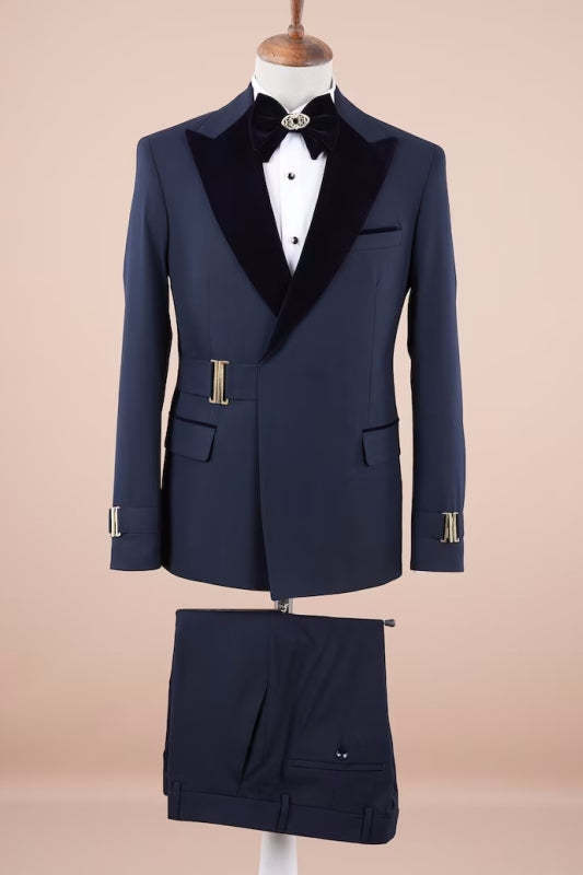 Navy Blue Peaked Lapel Two-Piece Fancy Prom Suit