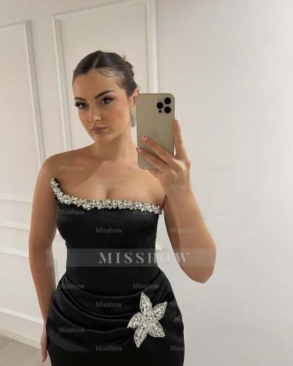 New Arrival Black Strapless Sleeveless Mermaid Evening Dress with Rhinestones